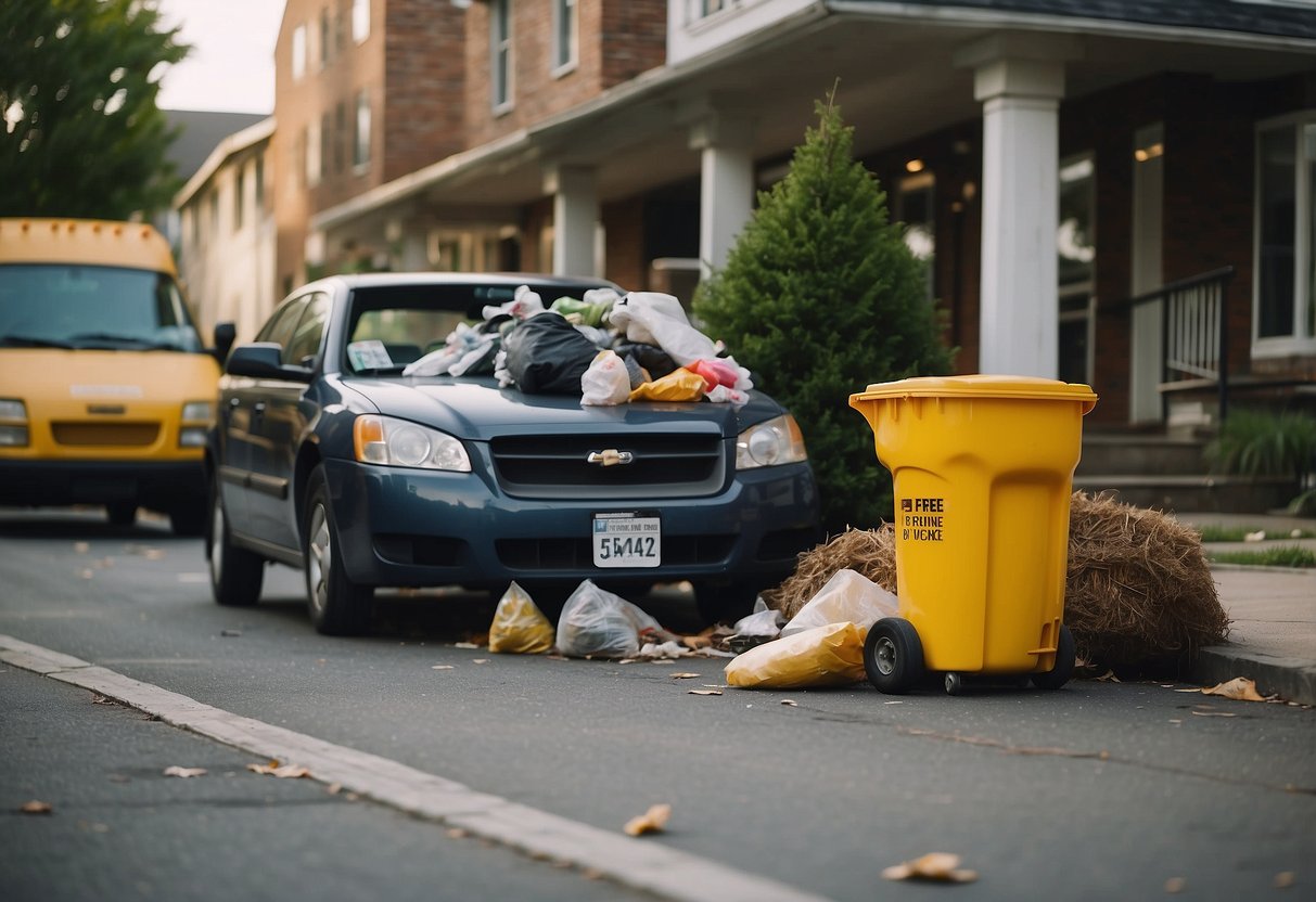 Unwanted furniture piled on the curb, with a sign reading "free" and a passing garbage truck in the background