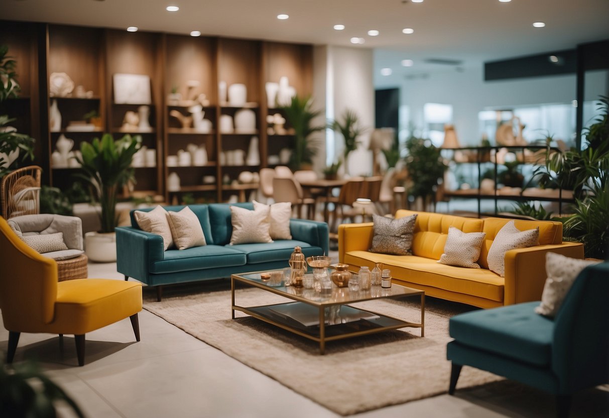 A bright and modern store in Singapore displays a variety of miniature furniture, from tiny sofas and chairs to intricate dining sets and bedroom pieces