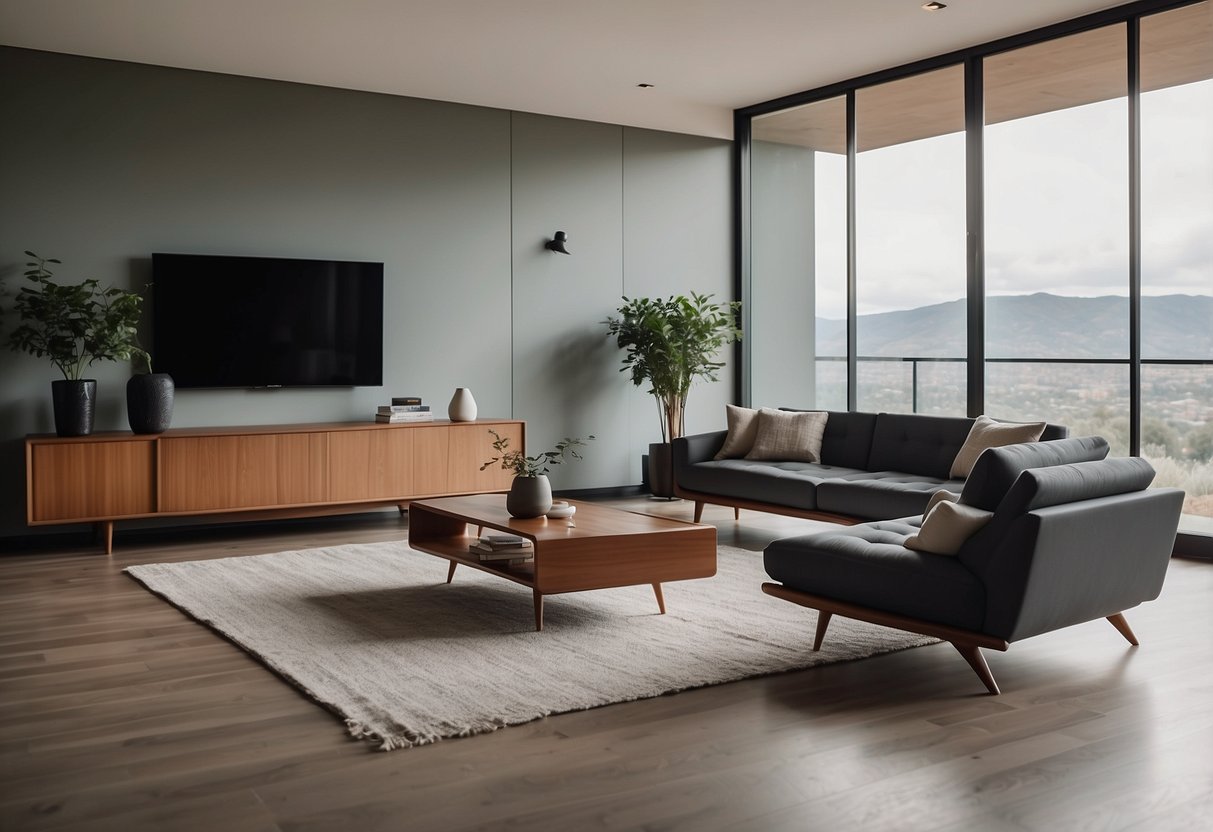 A sleek, minimalist living room with iconic mid-century modern furniture arranged in a clean and stylish manner