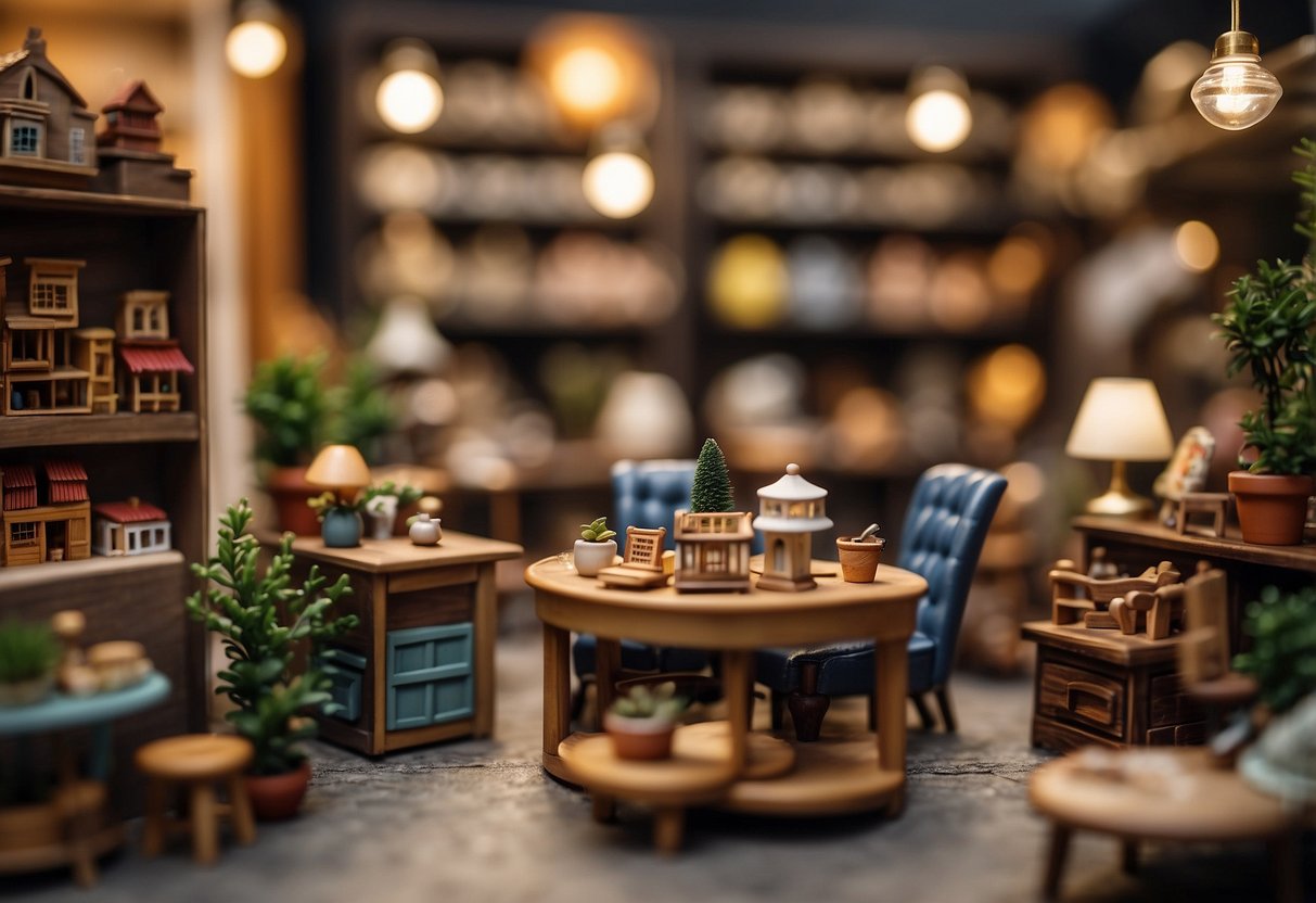 A cozy shop in Singapore displays tiny chairs, tables, and beds, perfect for dollhouses. Shelves are lined with intricate miniature furniture, inviting customers to explore and purchase