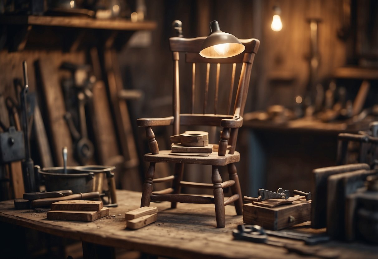 An antique chair sits on a workbench, surrounded by tools and supplies. A pair of worn-out armrests is being carefully sanded down, revealing the beautiful wood underneath