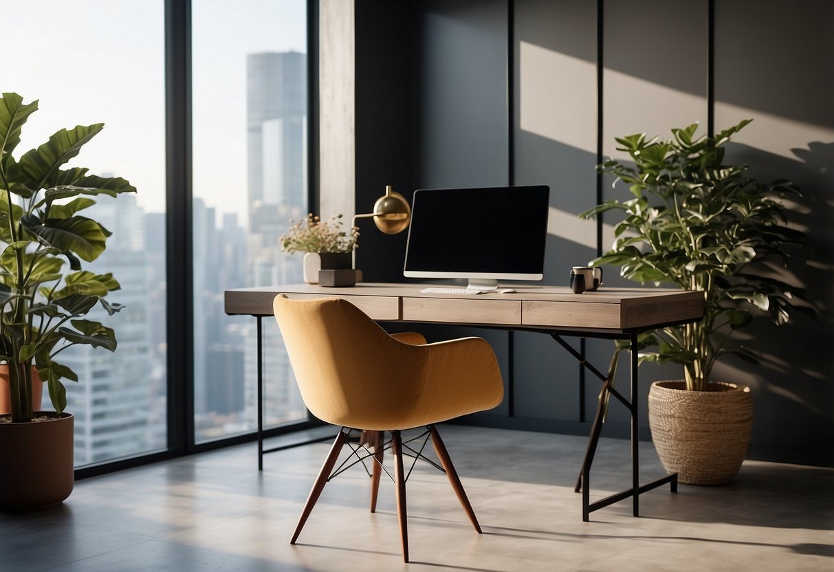 A sleek, modern desk and chair sit in a sunlit room, surrounded by minimalist decor and clean lines