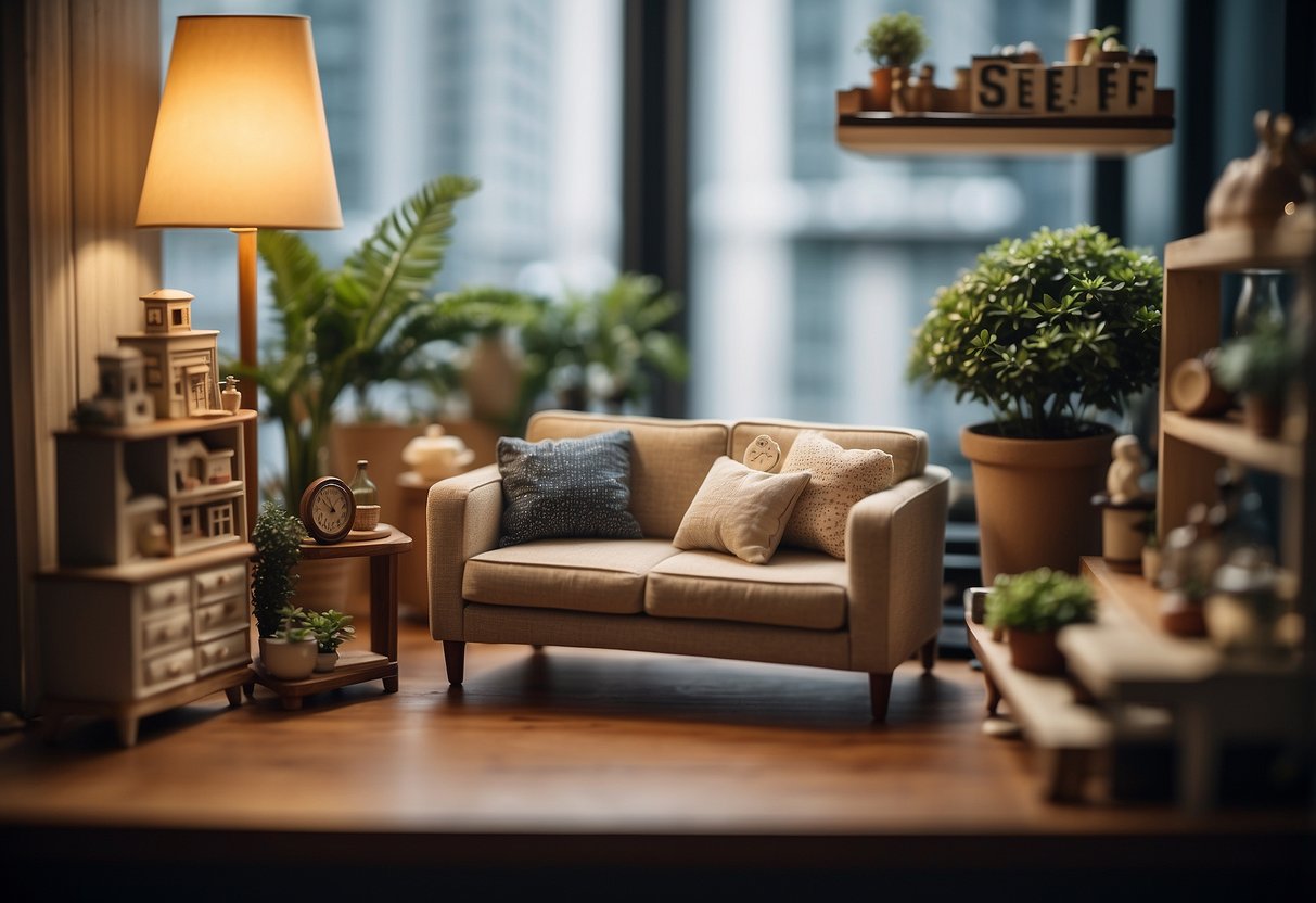 A cozy living room with shelves displaying a variety of miniature furniture pieces. A sign above reads "Where to buy miniature furniture in Singapore."