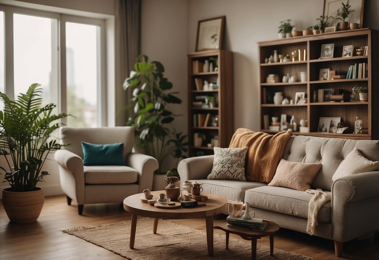 A cozy living room with shelves filled with miniature furniture, a sign reading "Frequently Asked Questions: Where to buy miniature furniture in Singapore" displayed prominently