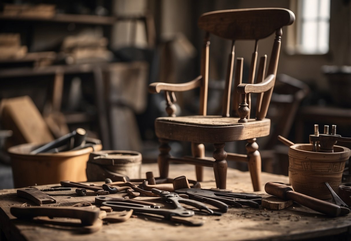 An antique chair being carefully stripped and sanded, with a pile of tools and materials nearby