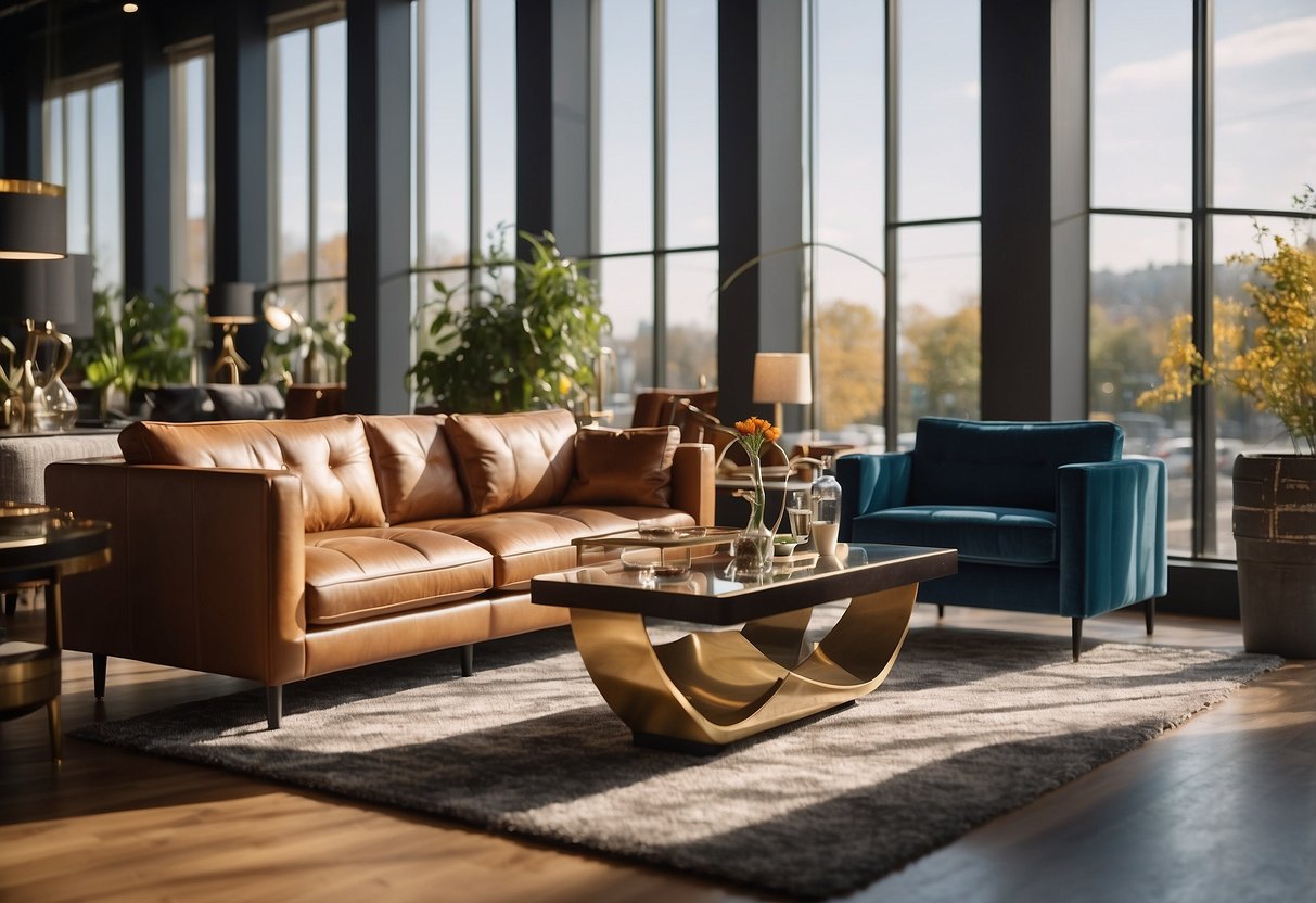 A showroom filled with sleek, modern furniture. Sunlight streams in through large windows, casting a warm glow over the displays