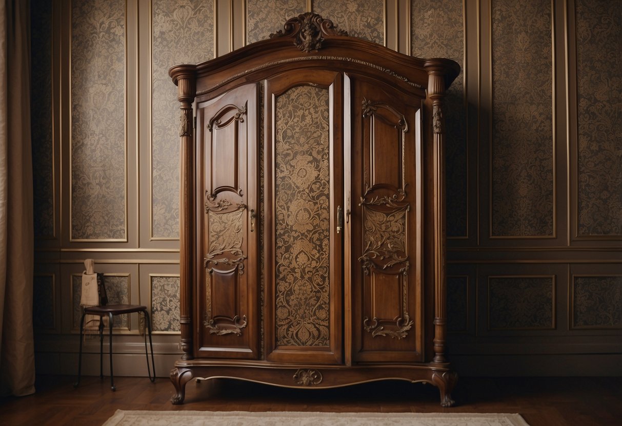 A tall, ornate armoire stands against a patterned wallpaper, its doors slightly ajar to reveal neatly folded linens and delicate trinkets inside