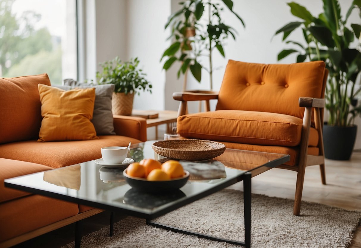 An orange sofa and armchair sit in a bright living room with a matching coffee table and rug