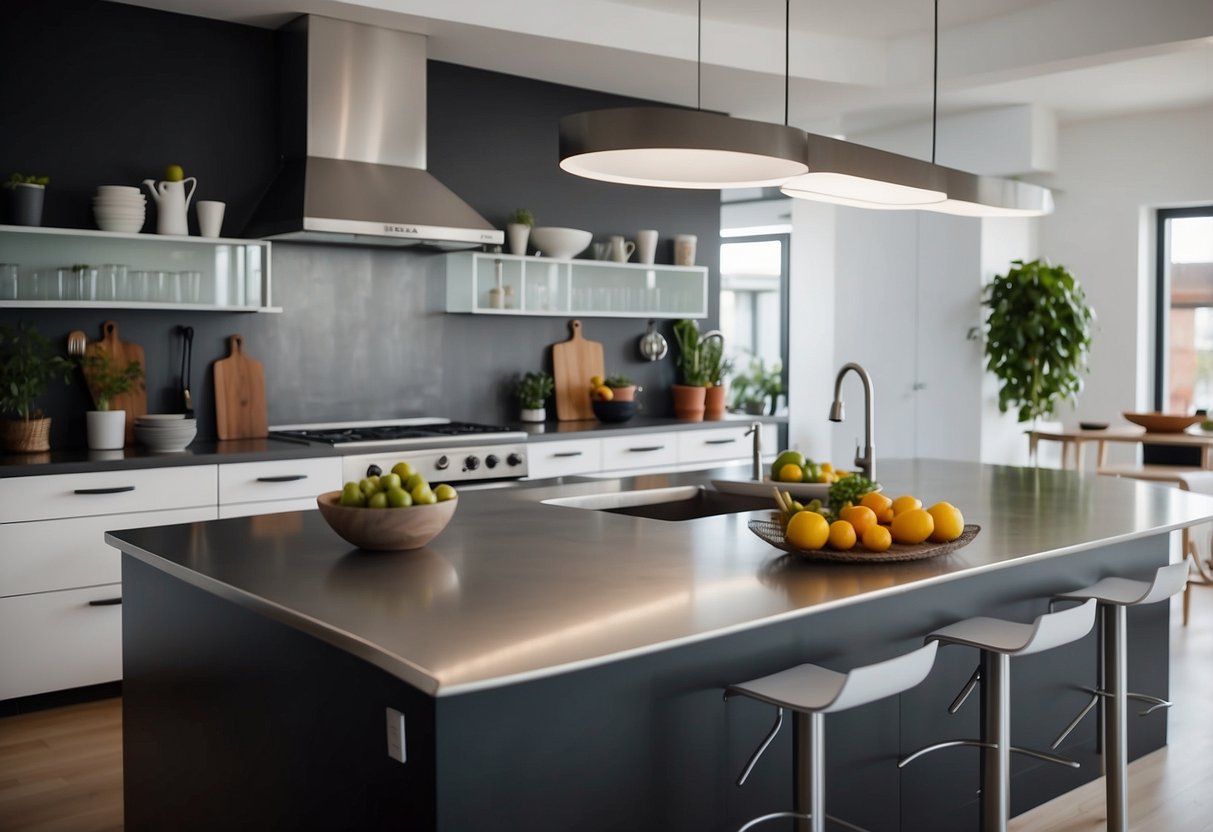 A sleek IKEA kitchen island stands in a modern, well-lit kitchen, surrounded by stainless steel appliances and minimalist decor