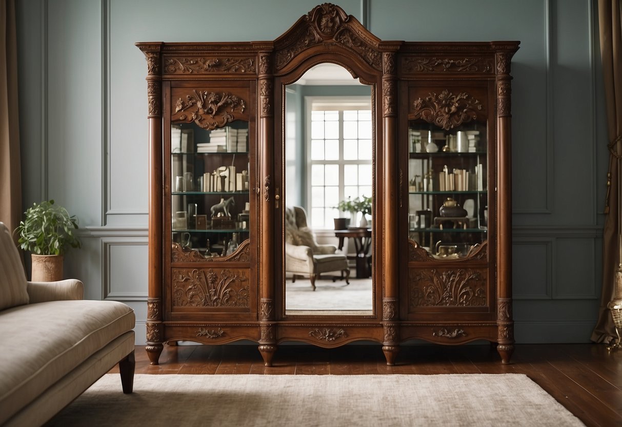An open armoire displays shelves and drawers, while a mirrored door reflects the room. Rich wood and ornate carvings add elegance to the piece