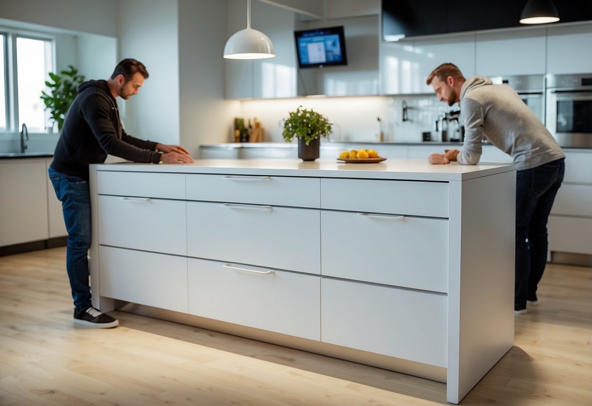 A customer selects a sleek, white IKEA kitchen island from a display in the furniture section