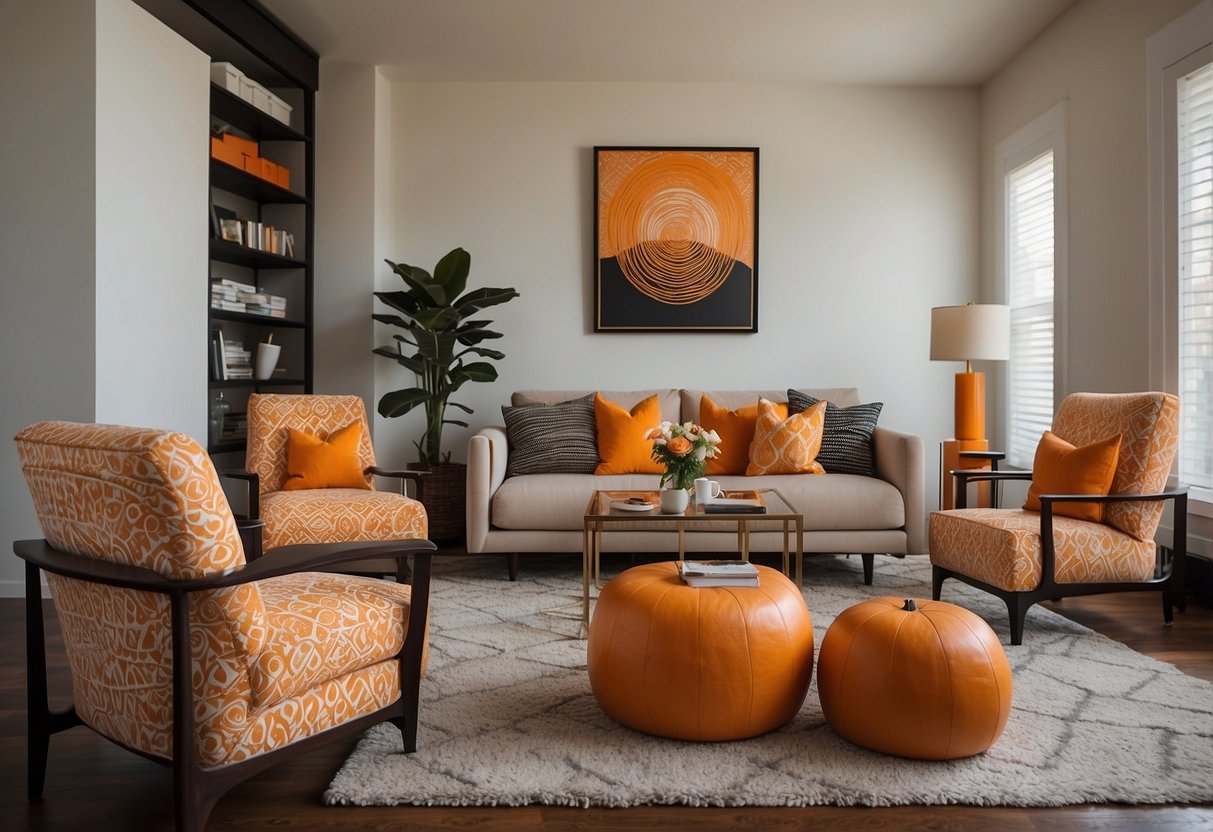 A modern orange living room with a sleek sofa, vibrant armchairs, and a coffee table, all accented with bold patterns and textures