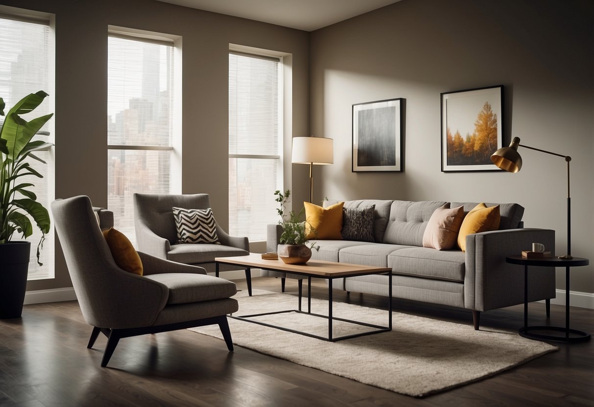A room with modern furniture, including a sleek sofa and a minimalist coffee table. A customer service representative assisting a client with a smile