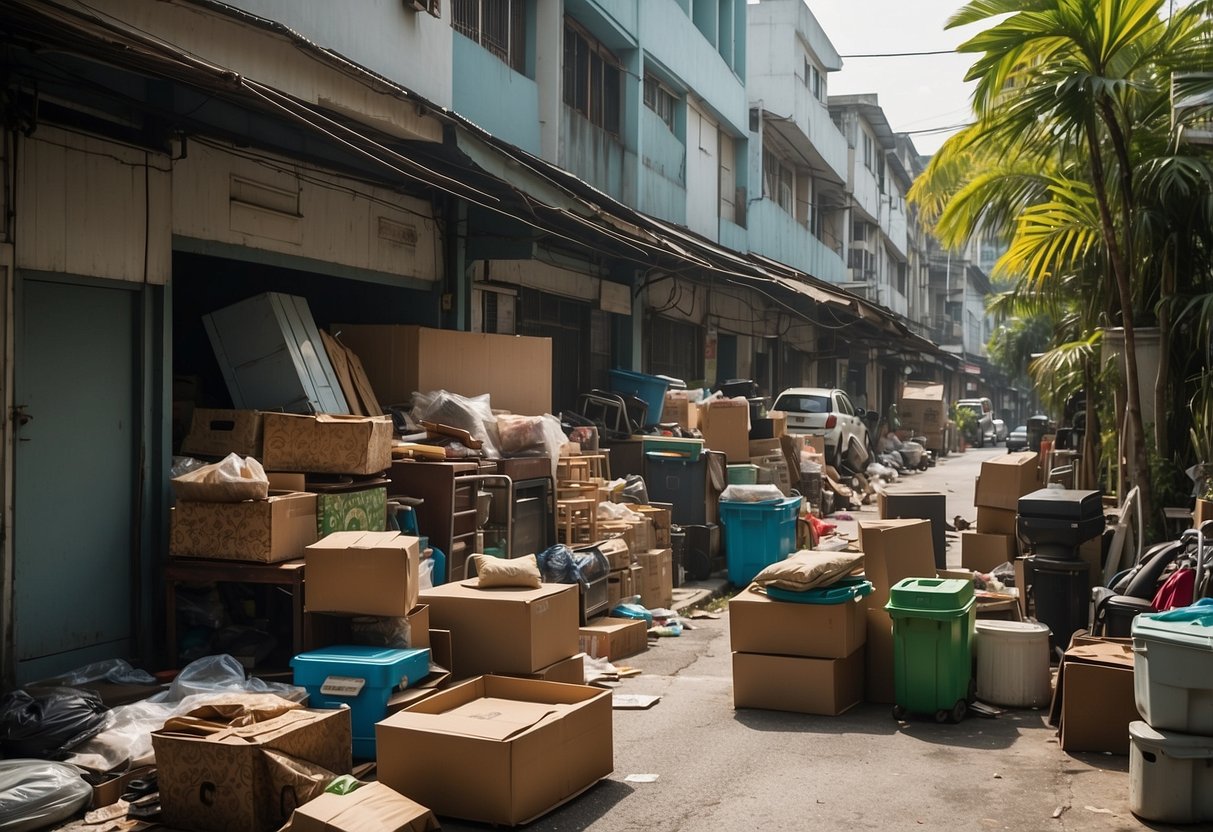 A cluttered alleyway in Singapore with piles of discarded furniture and household items collected by a karang guni, under the harsh glare of the tropical sun