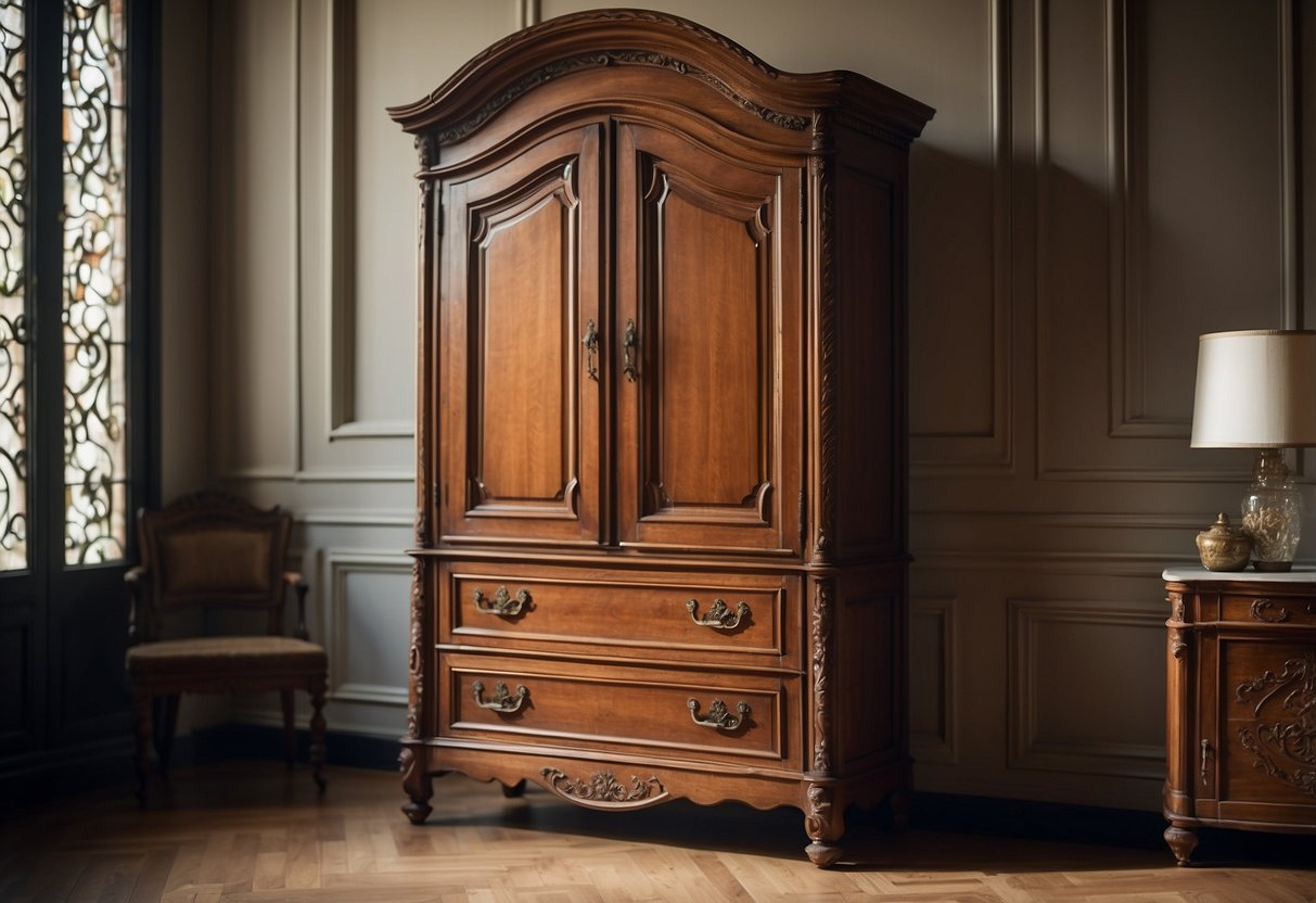 An armoire furniture piece stands against a wall, its doors closed and ornate detailing visible. The room is well-lit, with soft shadows cast around the armoire, highlighting its craftsmanship