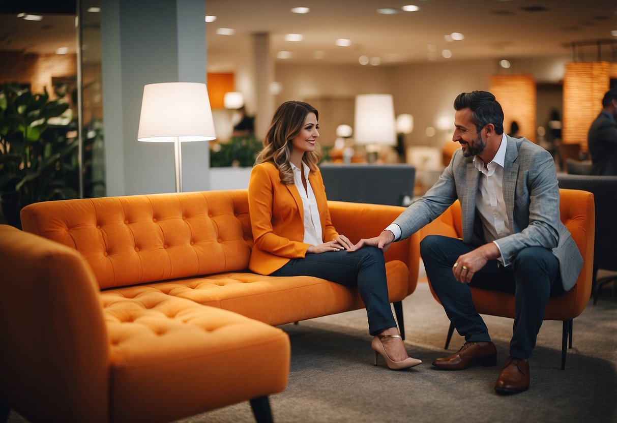 A customer selects an orange sofa and chair from a showroom display, while a salesperson assists with the purchase