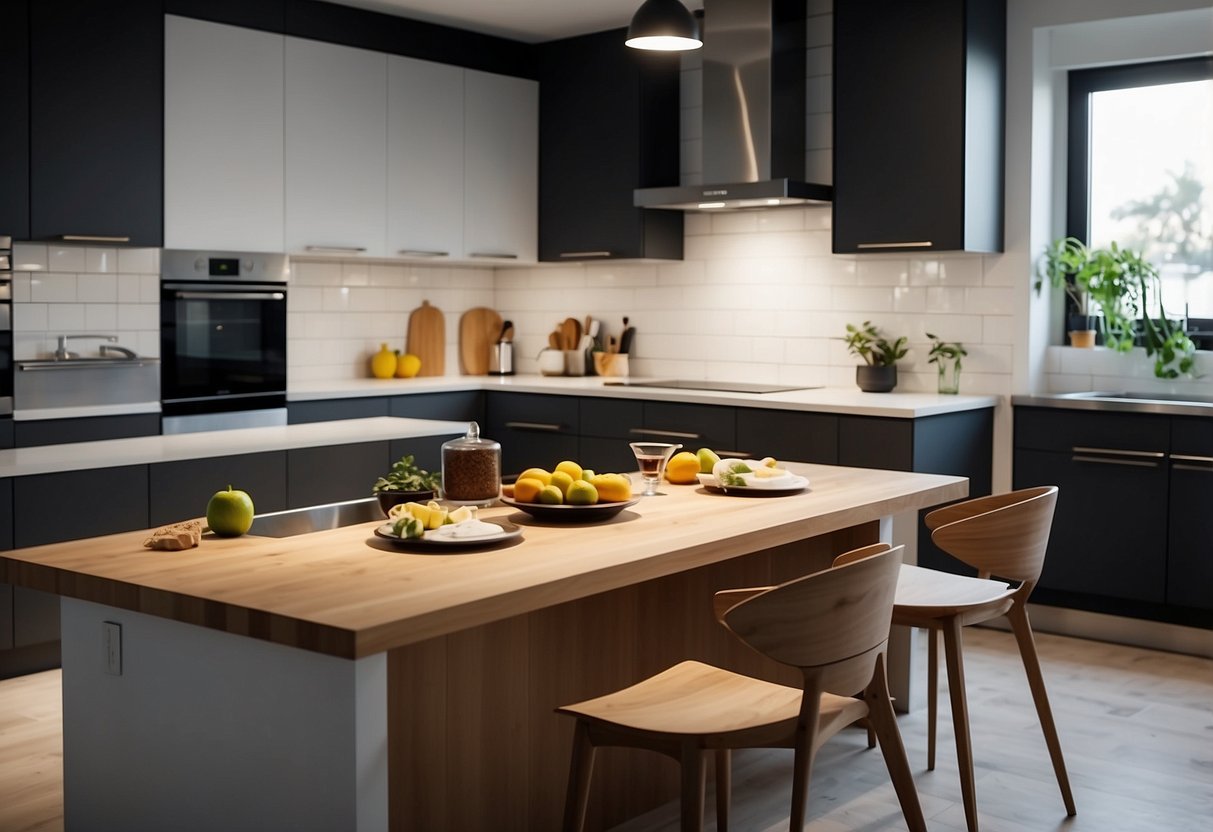 A modern kitchen island with IKEA furniture, featuring ample storage, a built-in sink, and a sleek countertop for food prep