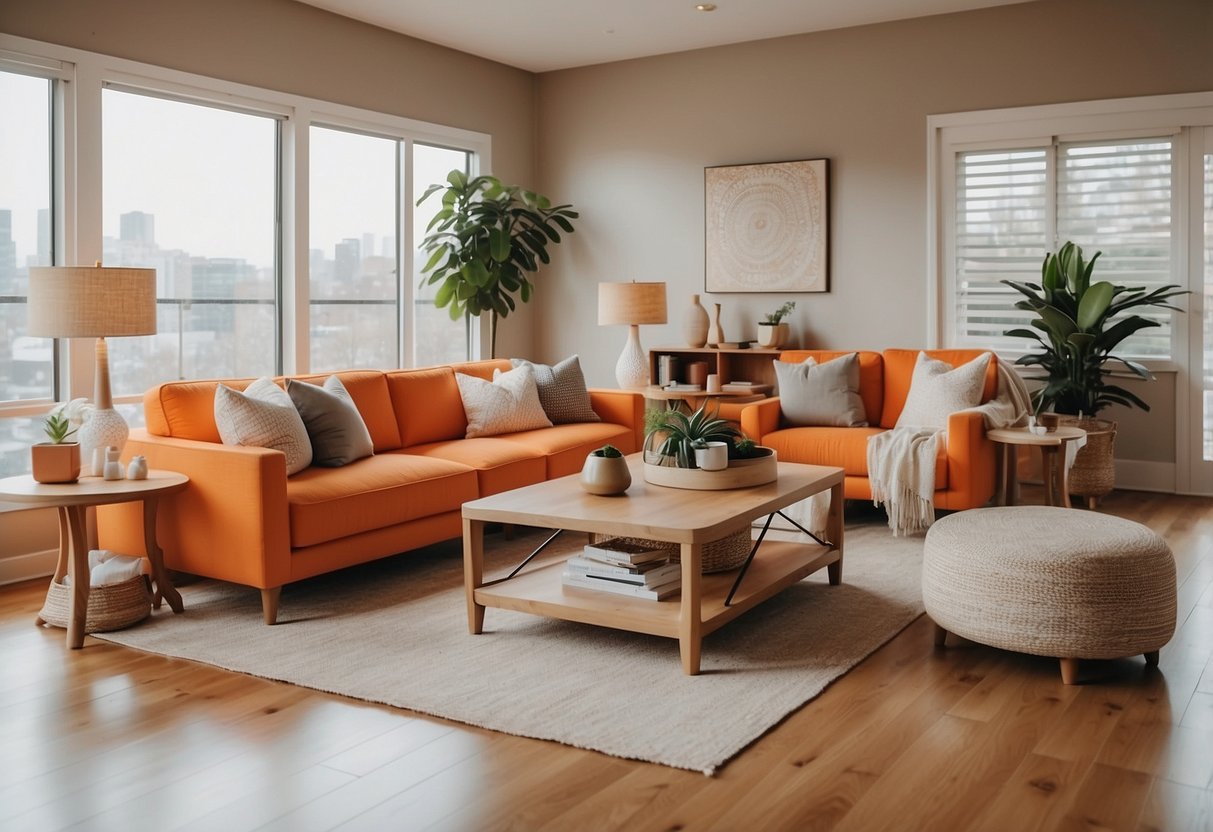 An orange living room with modern furniture, including a sofa, chairs, and a coffee table. The room is well-lit with natural light and features a clean, minimalist design