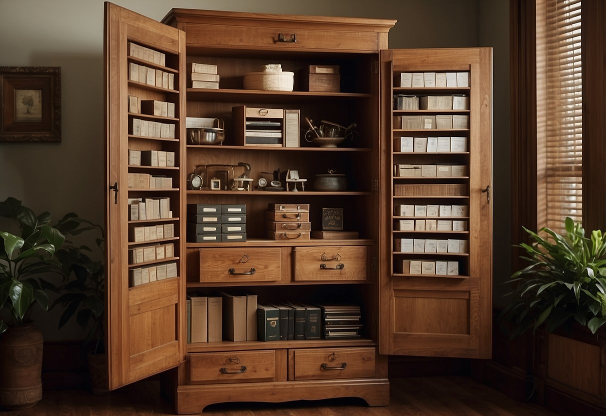 An open armoire with shelves and drawers, labeled "Frequently Asked Questions," surrounded by curious onlookers