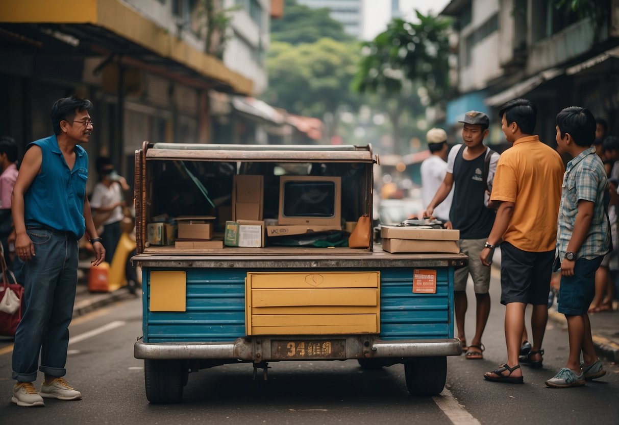 A karang guni collecting used furniture in Singapore, surrounded by curious onlookers