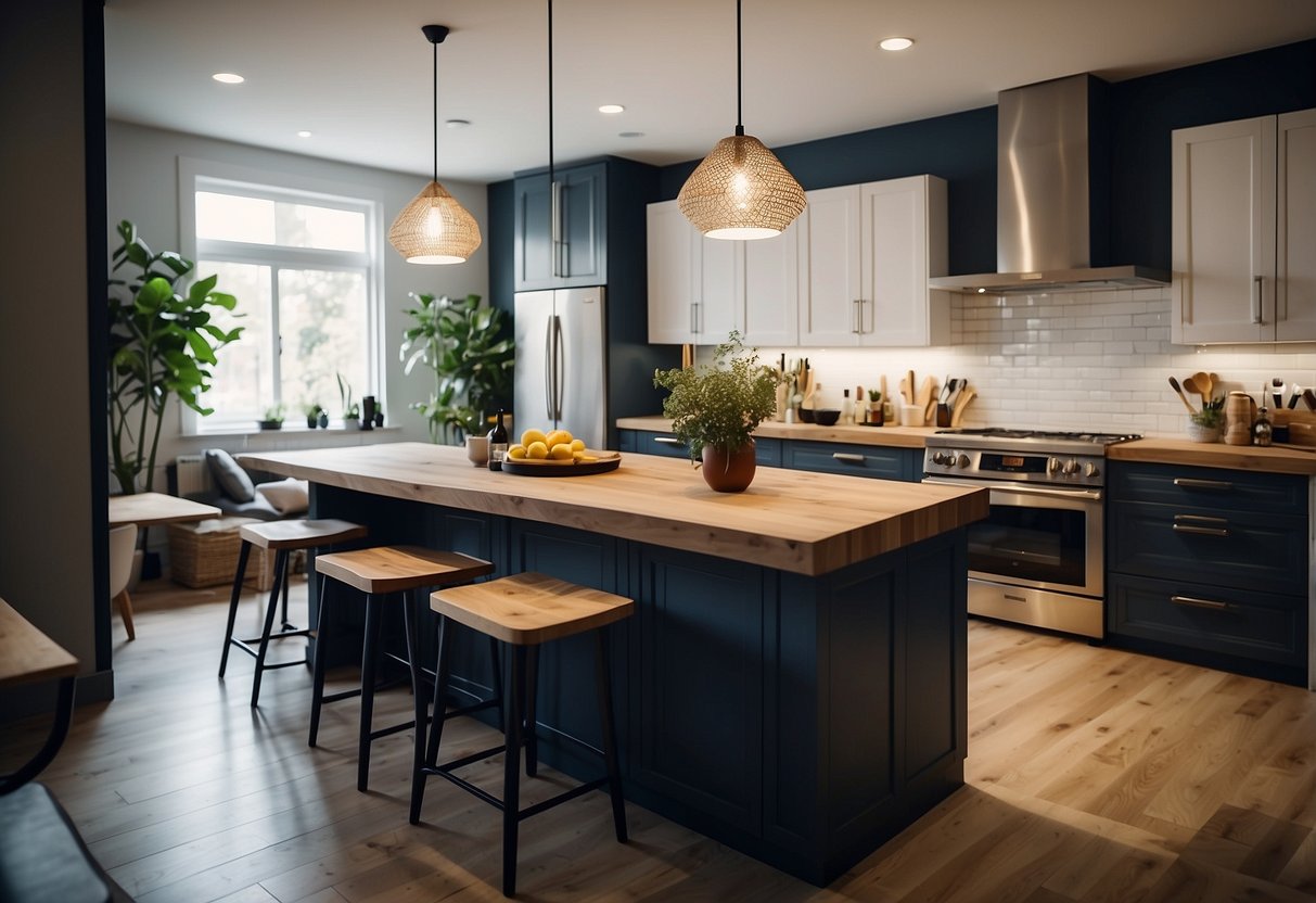 A modern kitchen island with IKEA furniture surrounded by customers asking questions