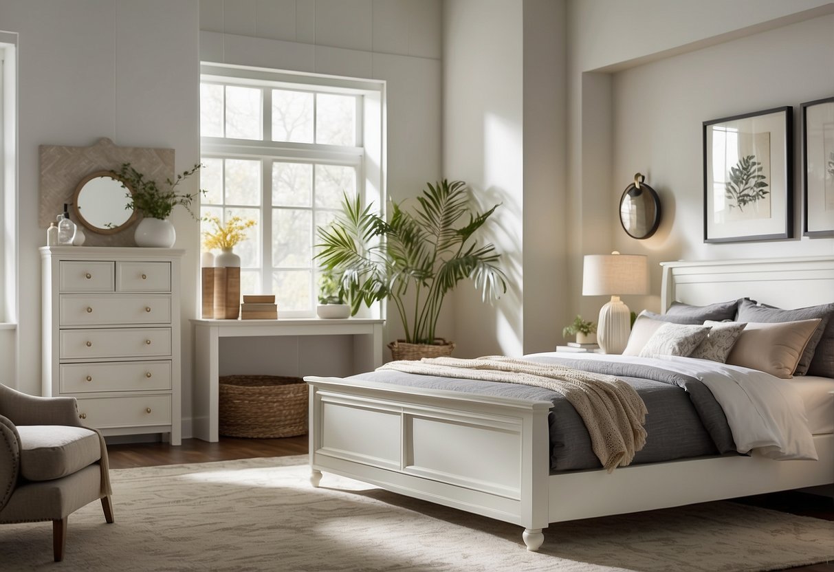 A bright, airy bedroom with a sleek white bed, matching nightstands, and a stylish dresser from Ashley Furniture's white bedroom collection