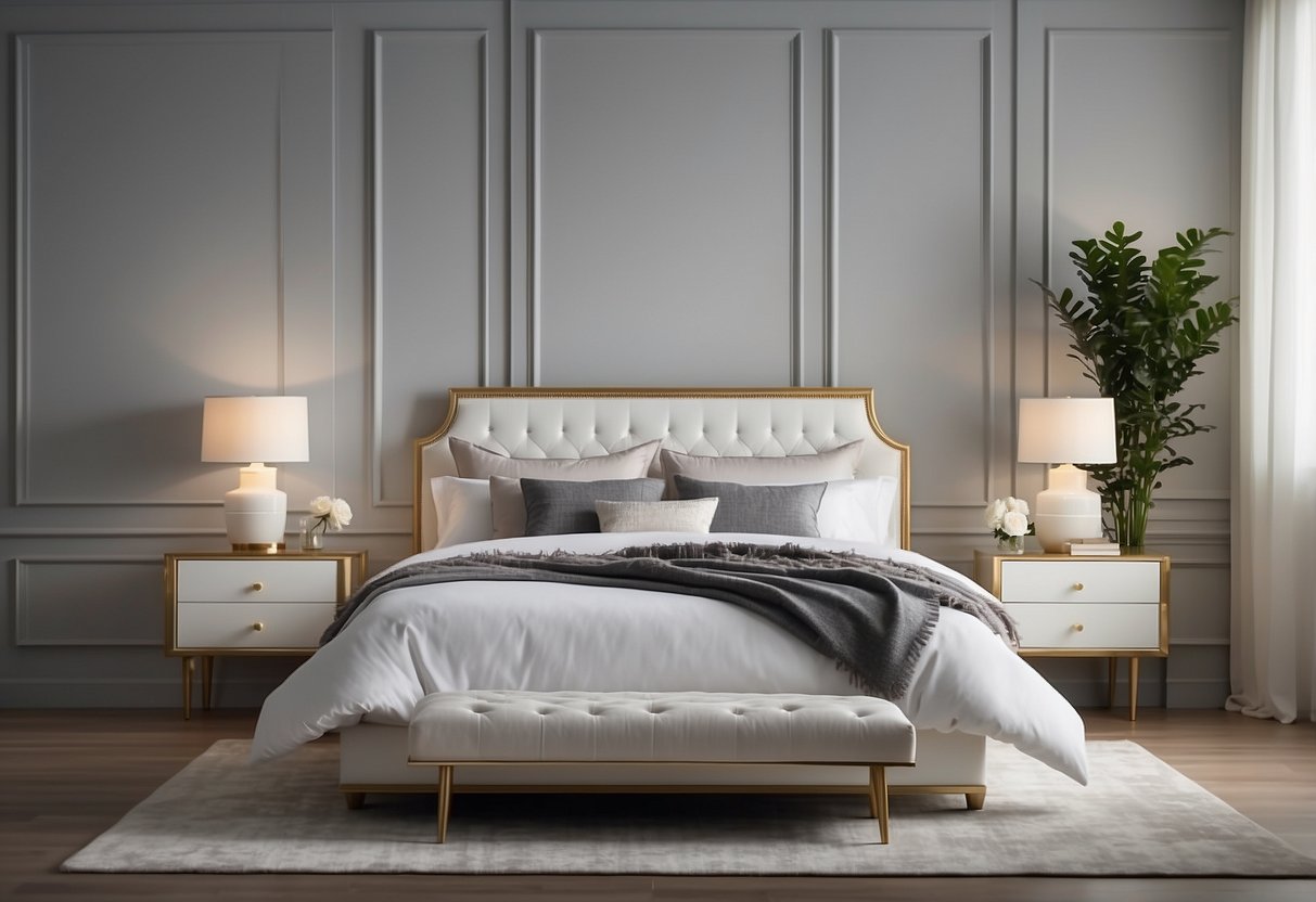 A white bedroom set with matching furniture pieces arranged neatly in a well-lit room, with a clean and modern aesthetic