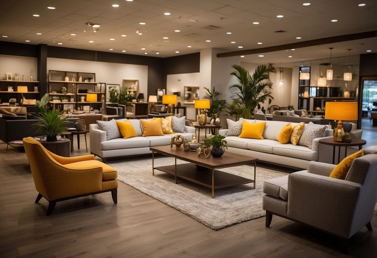 The Selma furniture store is filled with modern and sleek designs, arranged in an open and spacious layout. The soft lighting creates a warm and inviting atmosphere, with vibrant accent pieces adding pops of color throughout the showroom