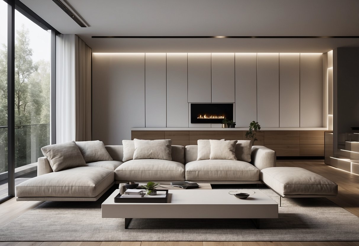 A modern living room with sleek, minimalist furniture from OneSpace. Clean lines, neutral colors, and a sense of spaciousness