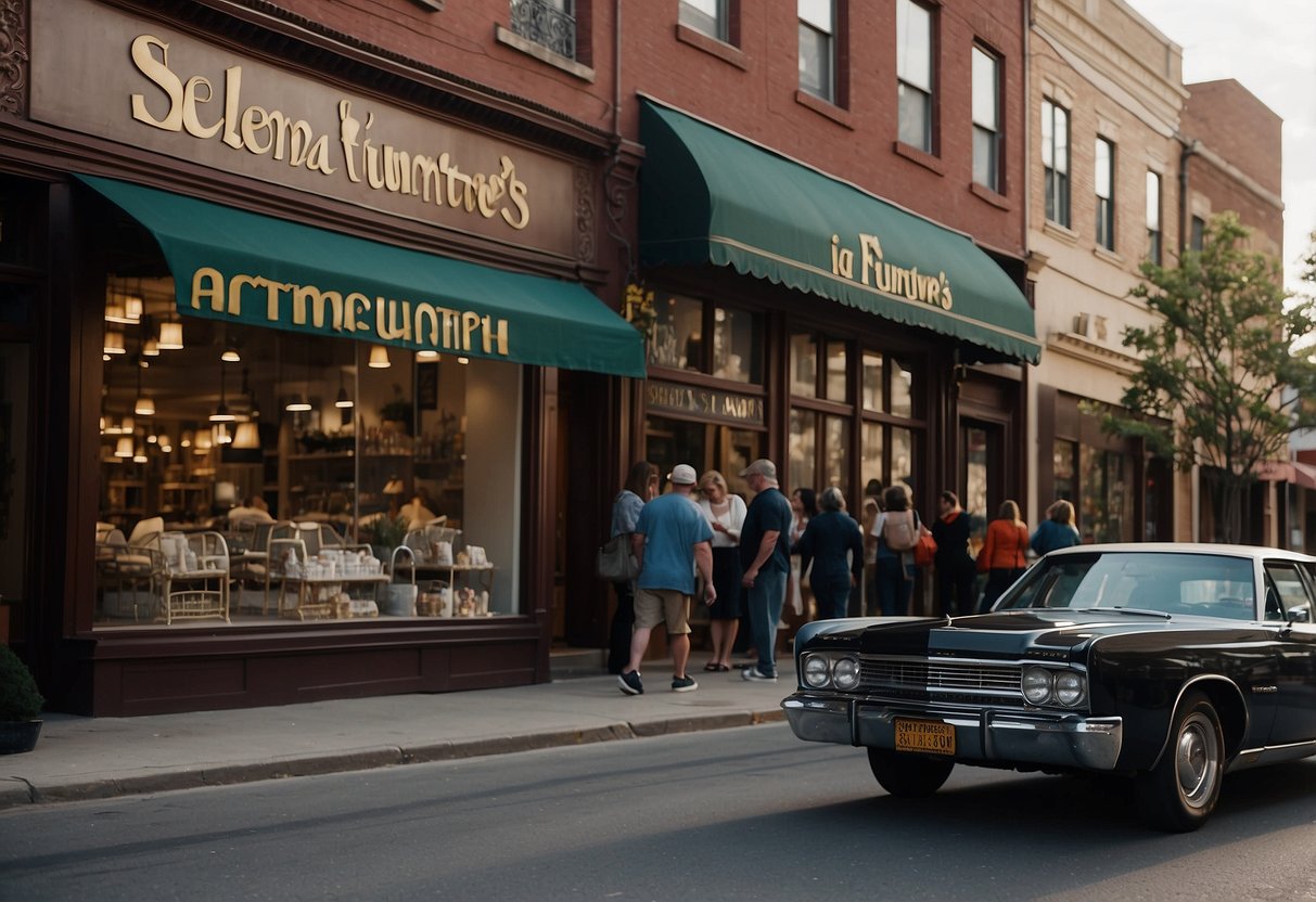 A bustling street with colorful storefronts, a sign reading "Selma's Furniture Stores" stands out. Shoppers browse through large windows filled with elegant sofas and ornate tables