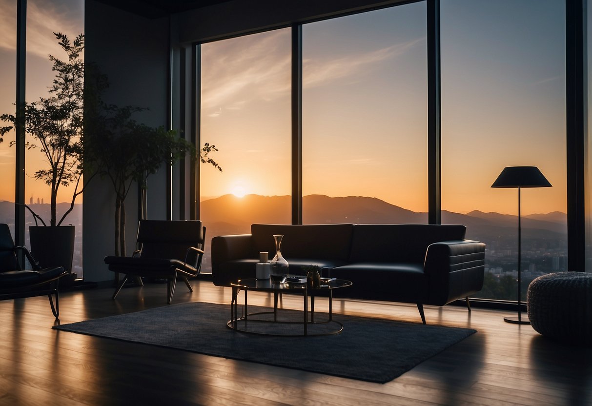 A room filled with sleek, modern furniture in silhouette against a backdrop of soft, ambient lighting