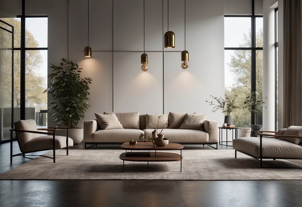 A modern living room with sleek design furniture and clean lines. Minimalist decor with neutral colors and geometric shapes