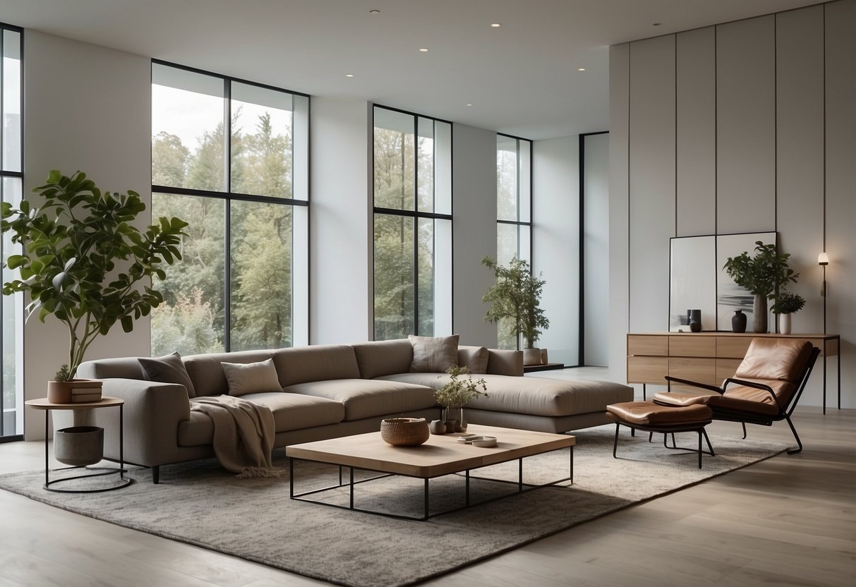 A modern living room with sleek, minimalist furniture from Onespace. Clean lines, neutral colors, and a spacious layout create a serene and inviting atmosphere