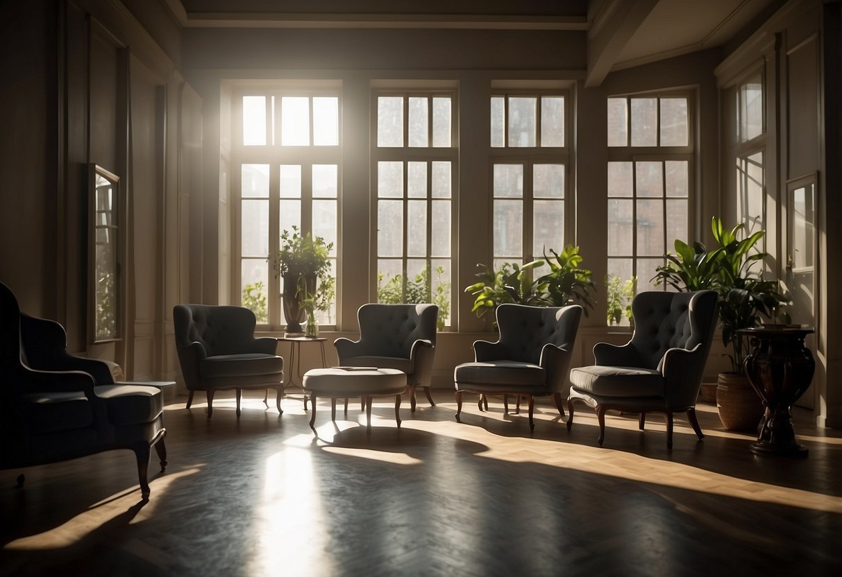 A room filled with shadowy furniture silhouettes, casting dramatic shapes against the walls and floor