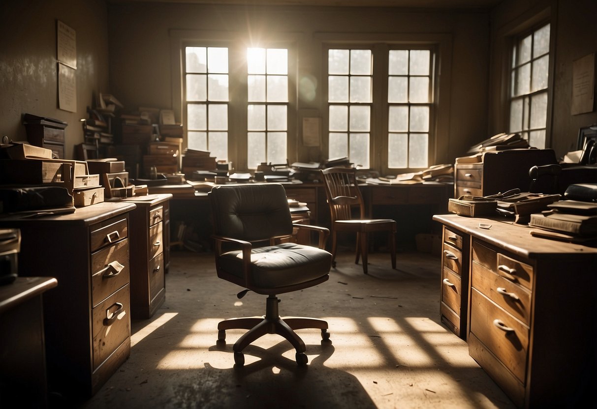 A cluttered room with worn desks, chairs, and filing cabinets. Sunlight streams through dusty windows, casting shadows on the aged furniture