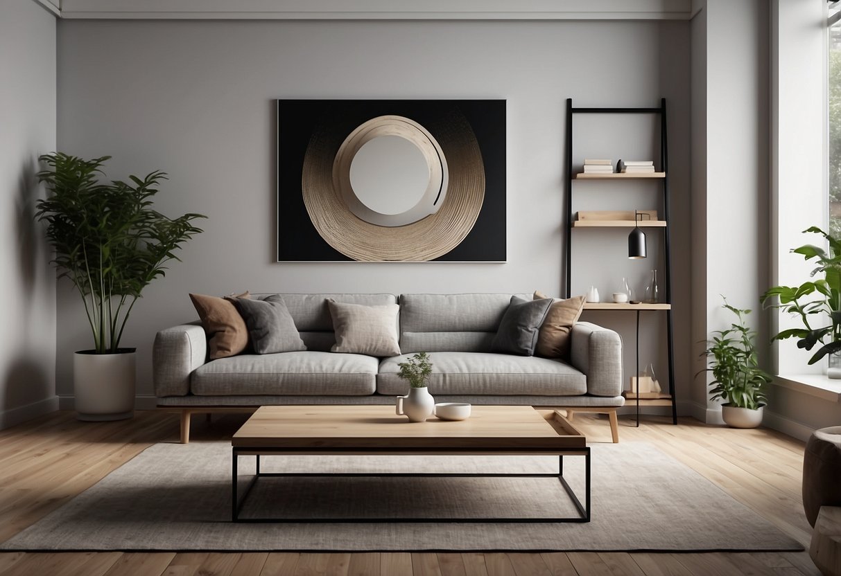 A living room with modern furniture from Onespace, including a sleek sofa, a minimalist coffee table, and a stylish bookshelf