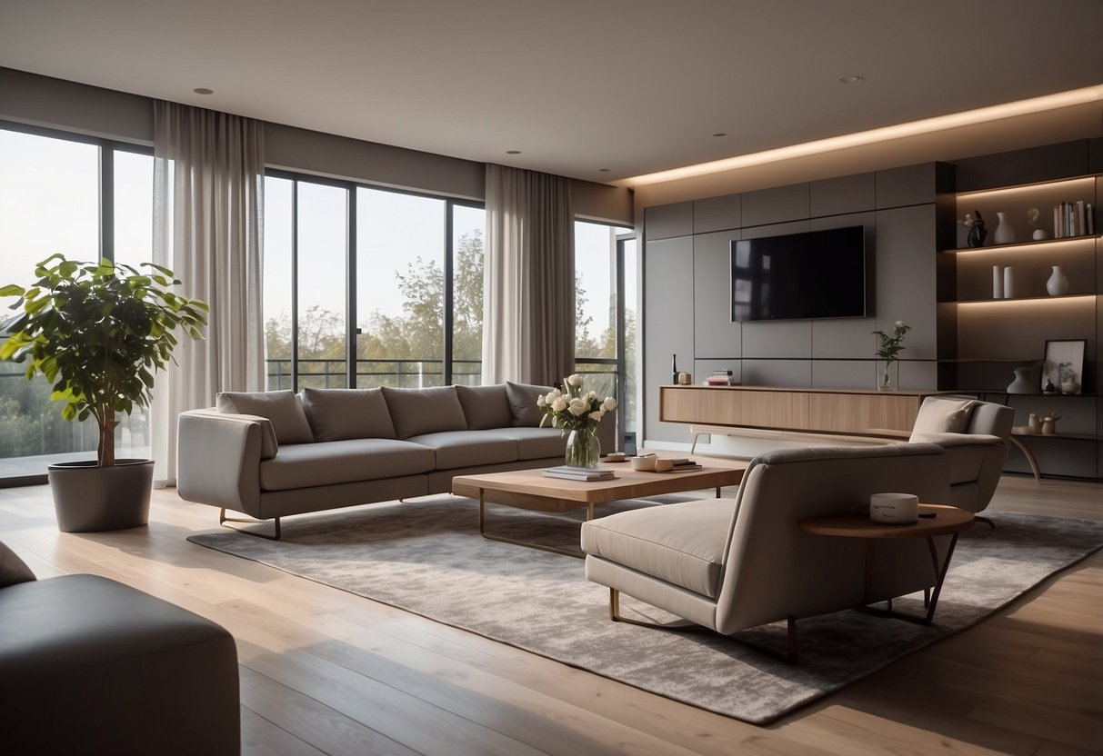 A modern living room with a sleek, automated furniture set. The pieces move and adjust themselves in response to the occupants' needs