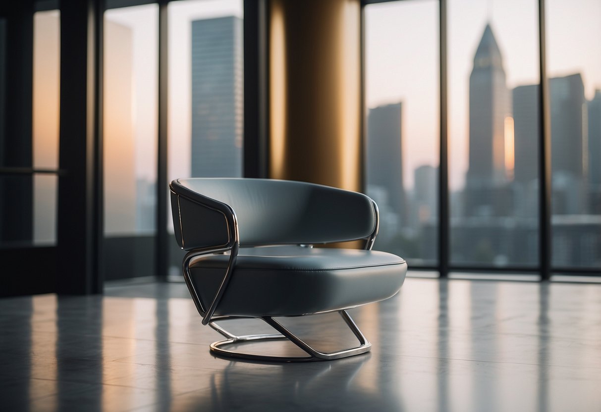 A minimalist chair with clean lines and a glossy finish sits against a backdrop of geometric shapes and modern architecture