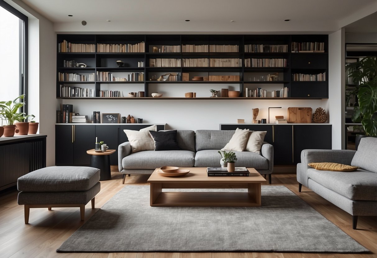 A modern living room with a sleek, minimalist sofa and a coffee table, surrounded by shelves filled with books and decorative items