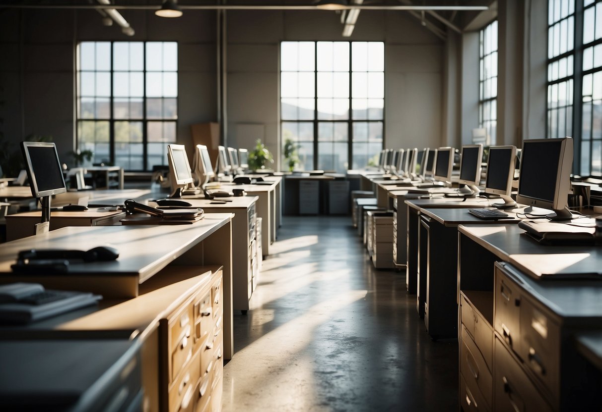 A warehouse filled with rows of sturdy desks, chairs, and filing cabinets. Sunlight streams through the windows, highlighting the polished surfaces of the quality used office furniture for sale