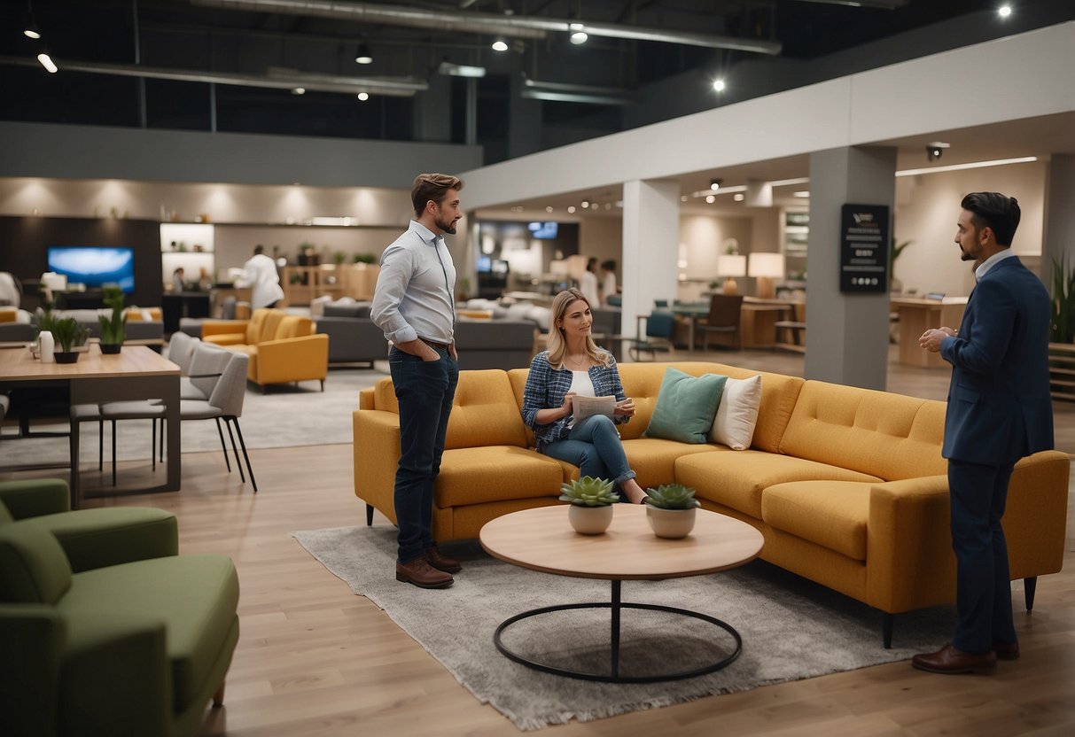 Customers browsing aisles of modern furniture. Employee assisting a couple with a sofa. Signage displaying "Frequently Asked Questions" near the entrance