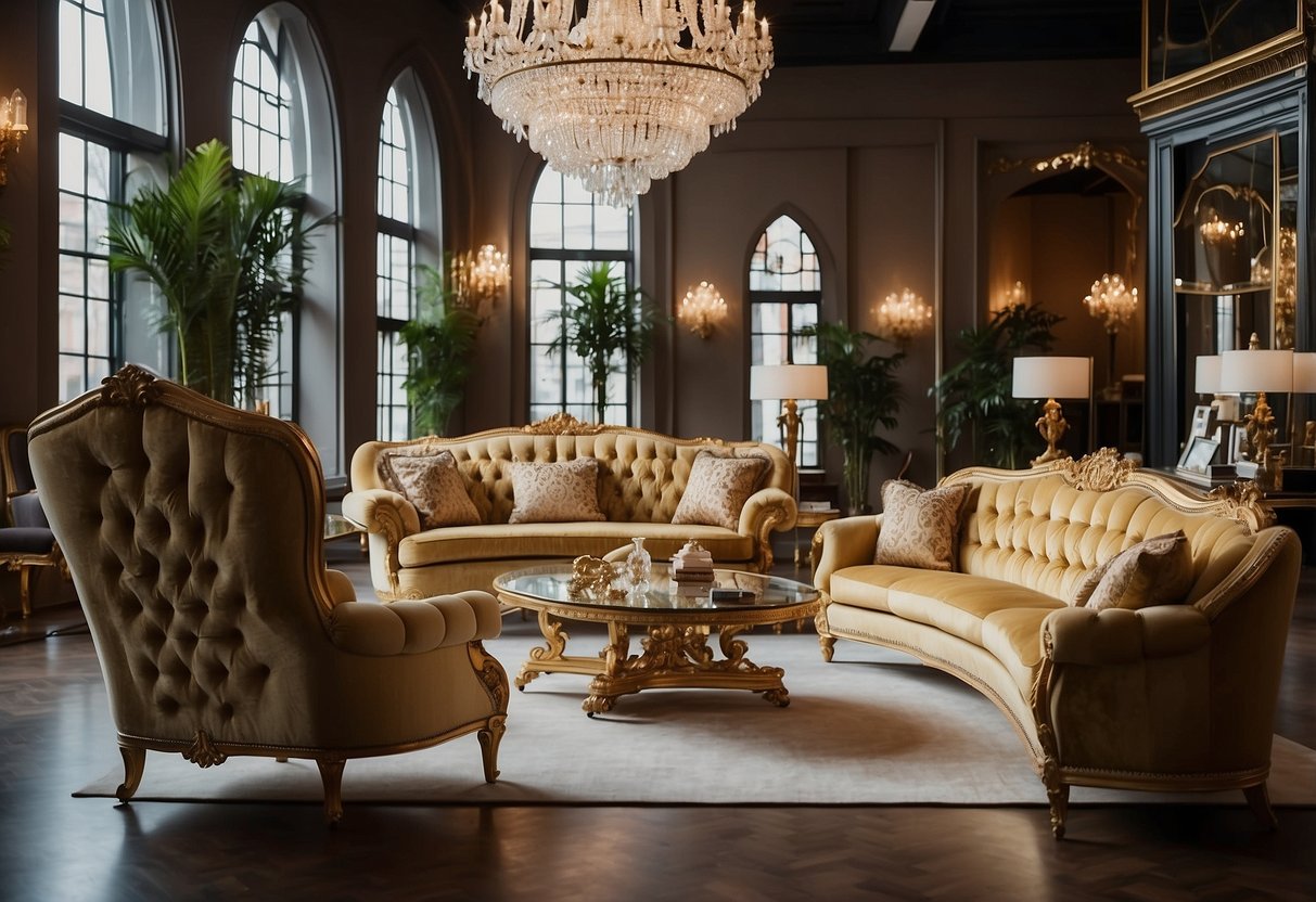 A grand furniture showroom with ornate thrones, luxurious sofas, and regal dining sets displayed under sparkling chandeliers