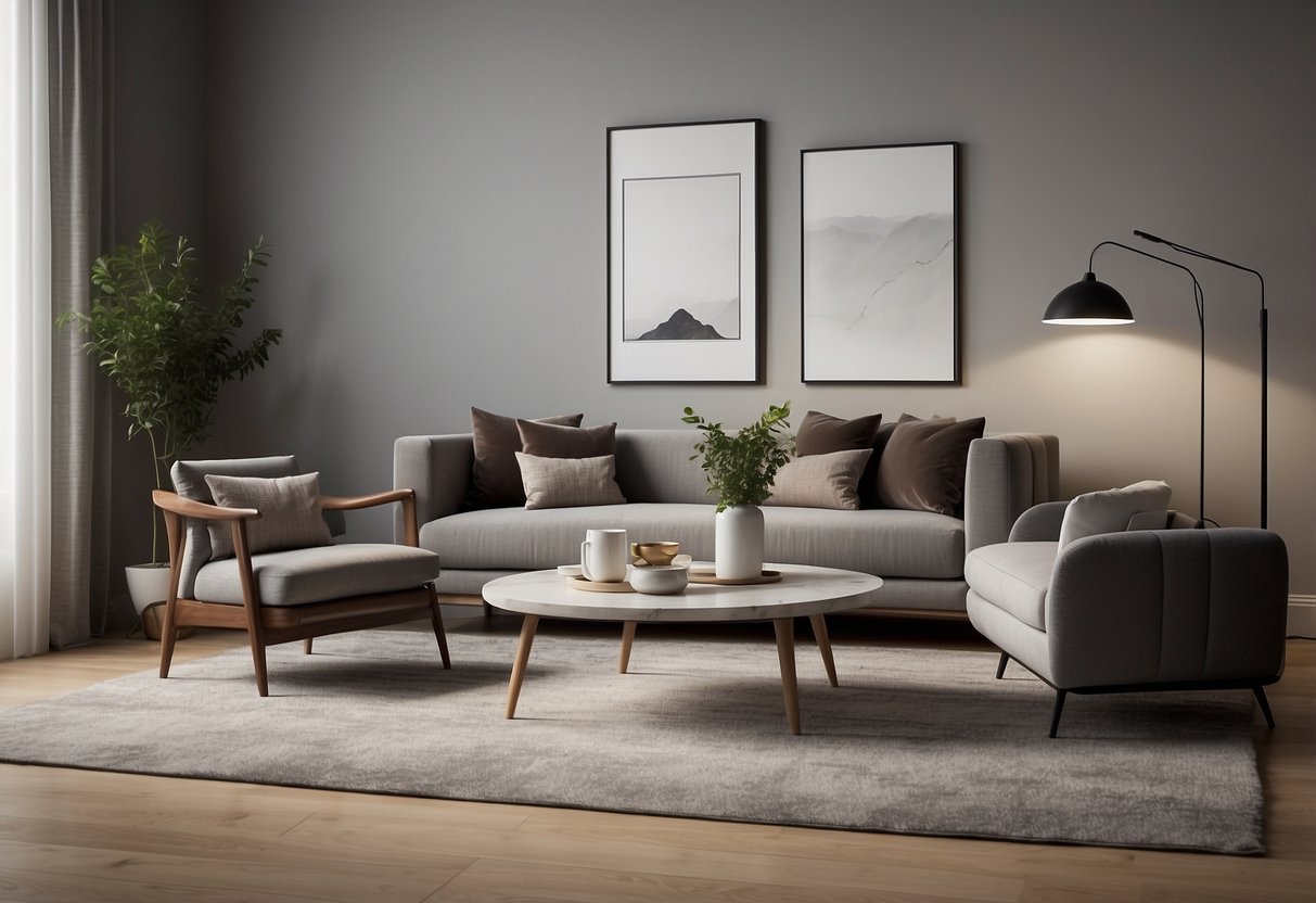 A modern living room with sleek furniture, clean lines, and minimalistic decor. The space exudes sophistication and elegance with its carefully curated design elements