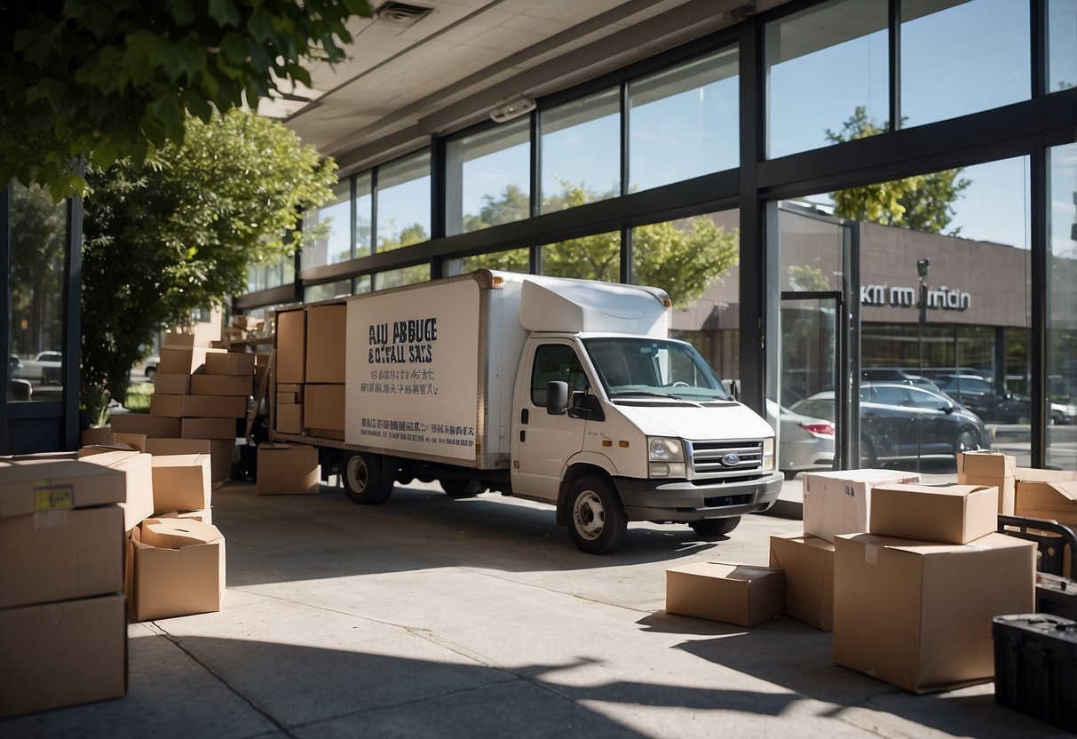 A delivery truck unloads second-hand office furniture at a storefront. A sign advertises the sale of old desks, chairs, and cabinets