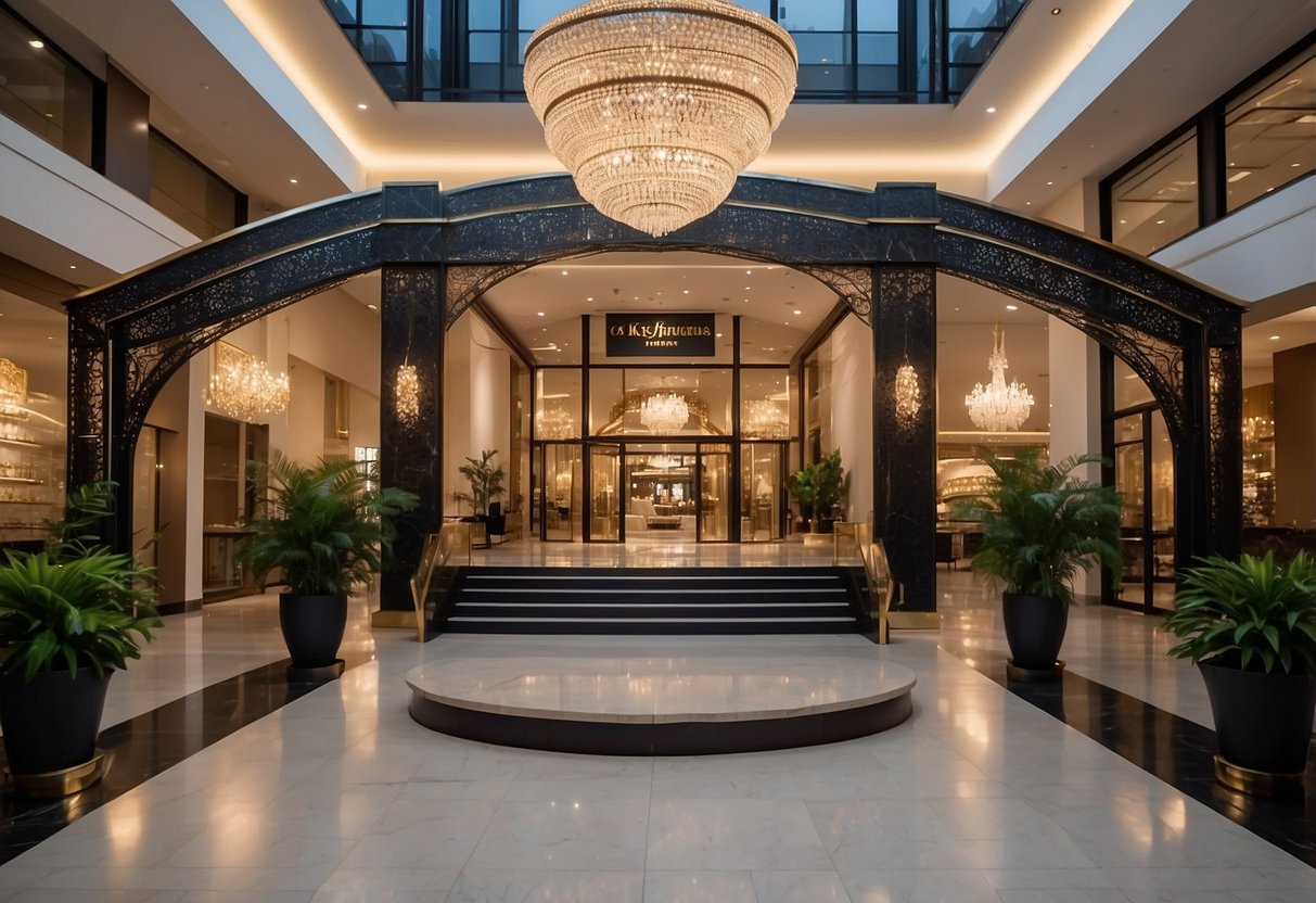 The grand entrance of Our Collections Kings furniture store, with luxurious displays and elegant lighting, invites customers to explore its opulent offerings