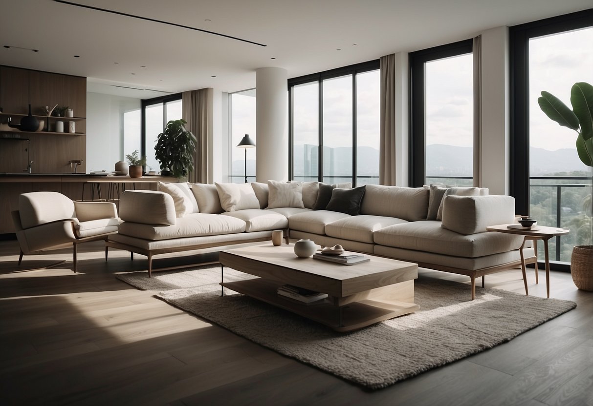 A modern living room with minimalist furniture and clean lines, featuring a sleek design and a neutral color palette