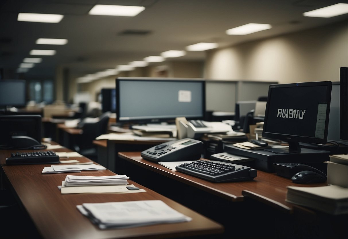 Old office furniture scattered in a dimly lit room, with a "Frequently Asked Questions" sign on the wall