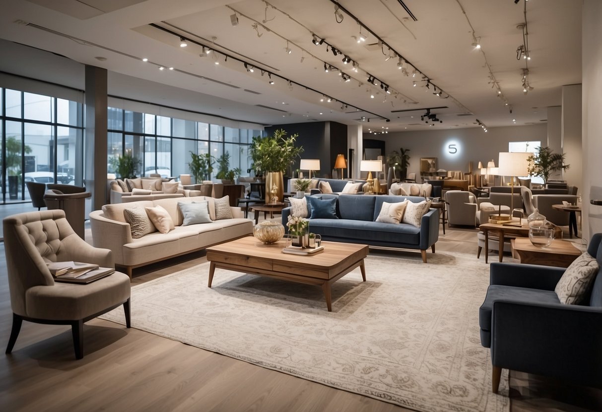 A spacious, well-lit showroom with rows of elegant furniture displays, including sofas, tables, and beds. The store's logo prominently displayed above the entrance
