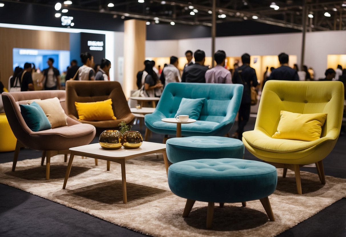 Crowds browse modern furniture displays at Jakarta Furniture Fair. Bright lights illuminate sleek designs and vibrant fabrics. Booths showcase innovative home decor and stylish furnishings