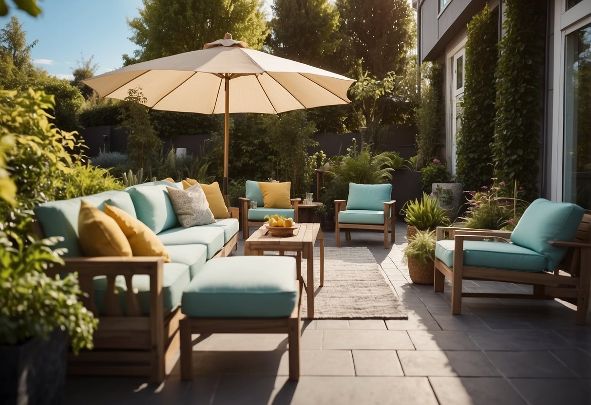 A sunny outdoor patio with a variety of IKEA furniture arranged in a stylish and inviting manner. The scene is filled with vibrant colors and lush greenery, creating a welcoming and comfortable atmosphere